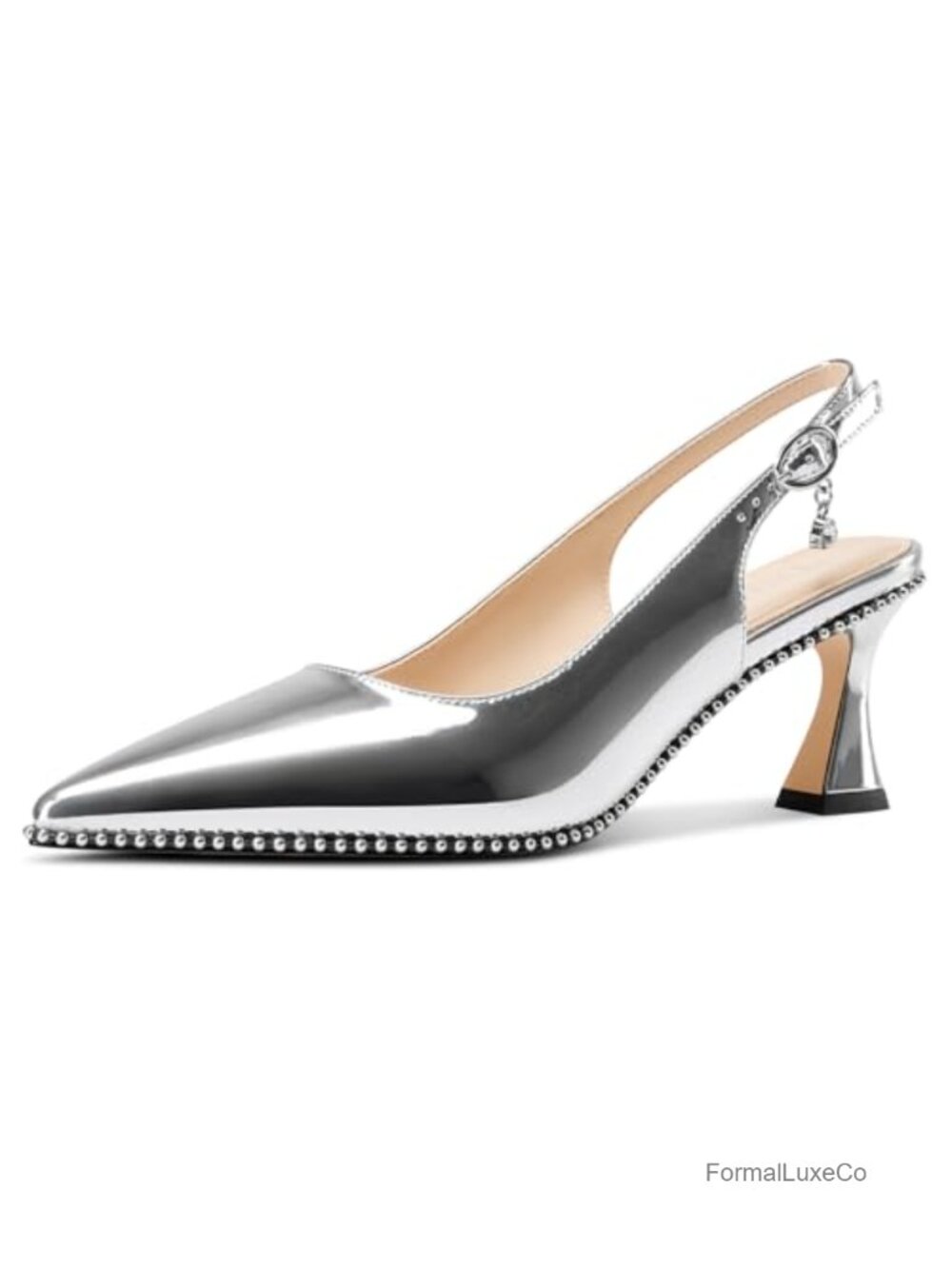 Kitten Heel Pointed Toe Beaded Slingback Pumps Faux Leather